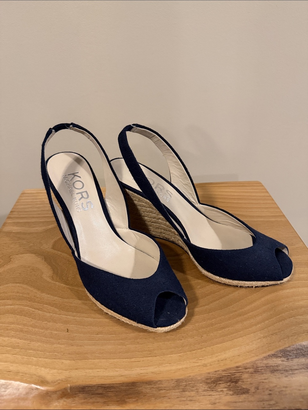 KORS Michael Kors Navy Peep-Toe Espadrille Wedge Slingback